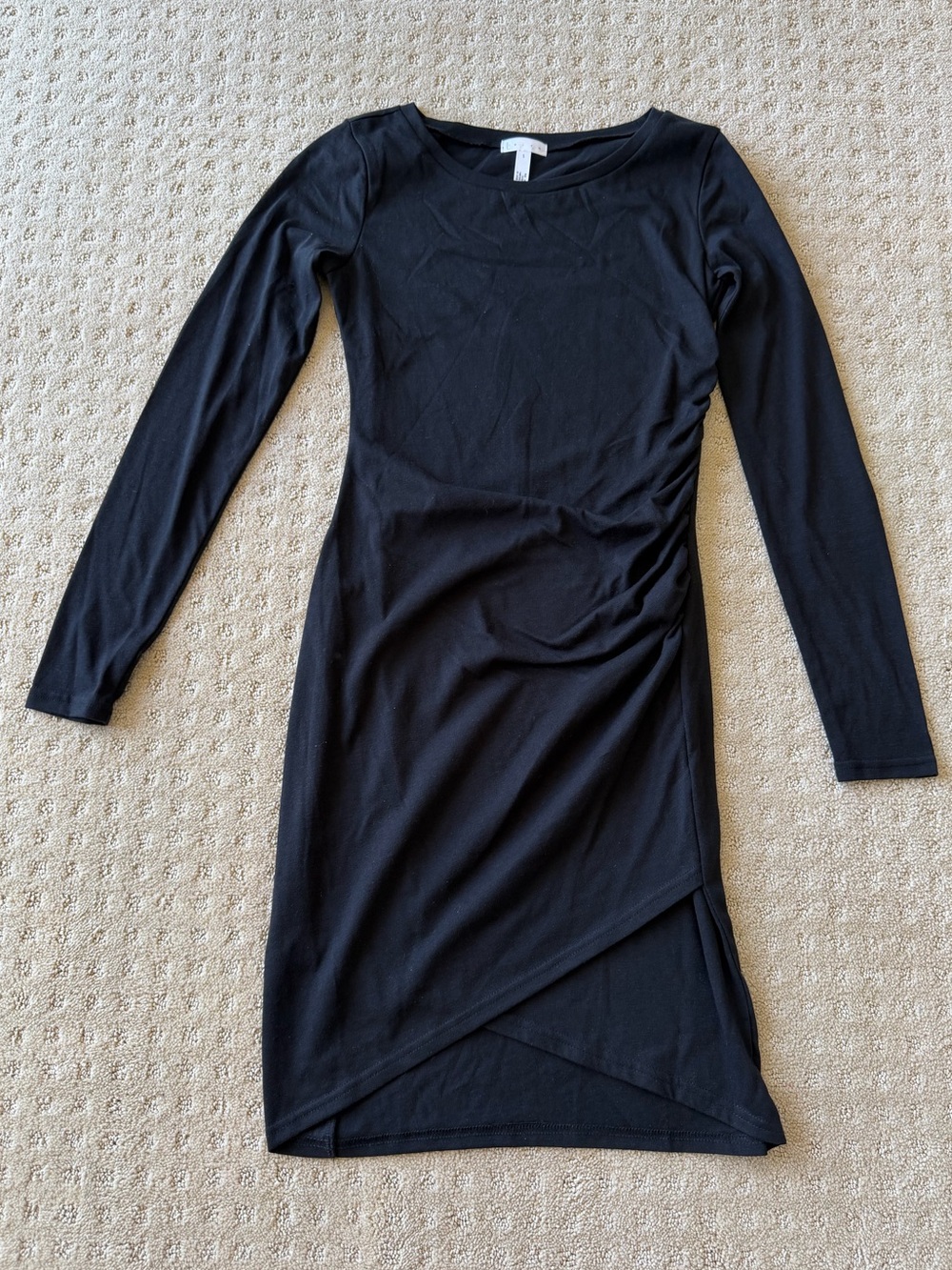 NWOT Leith Women’s Black Long-Sleeve Ruched Faux Wrap Knit Dress, Size S